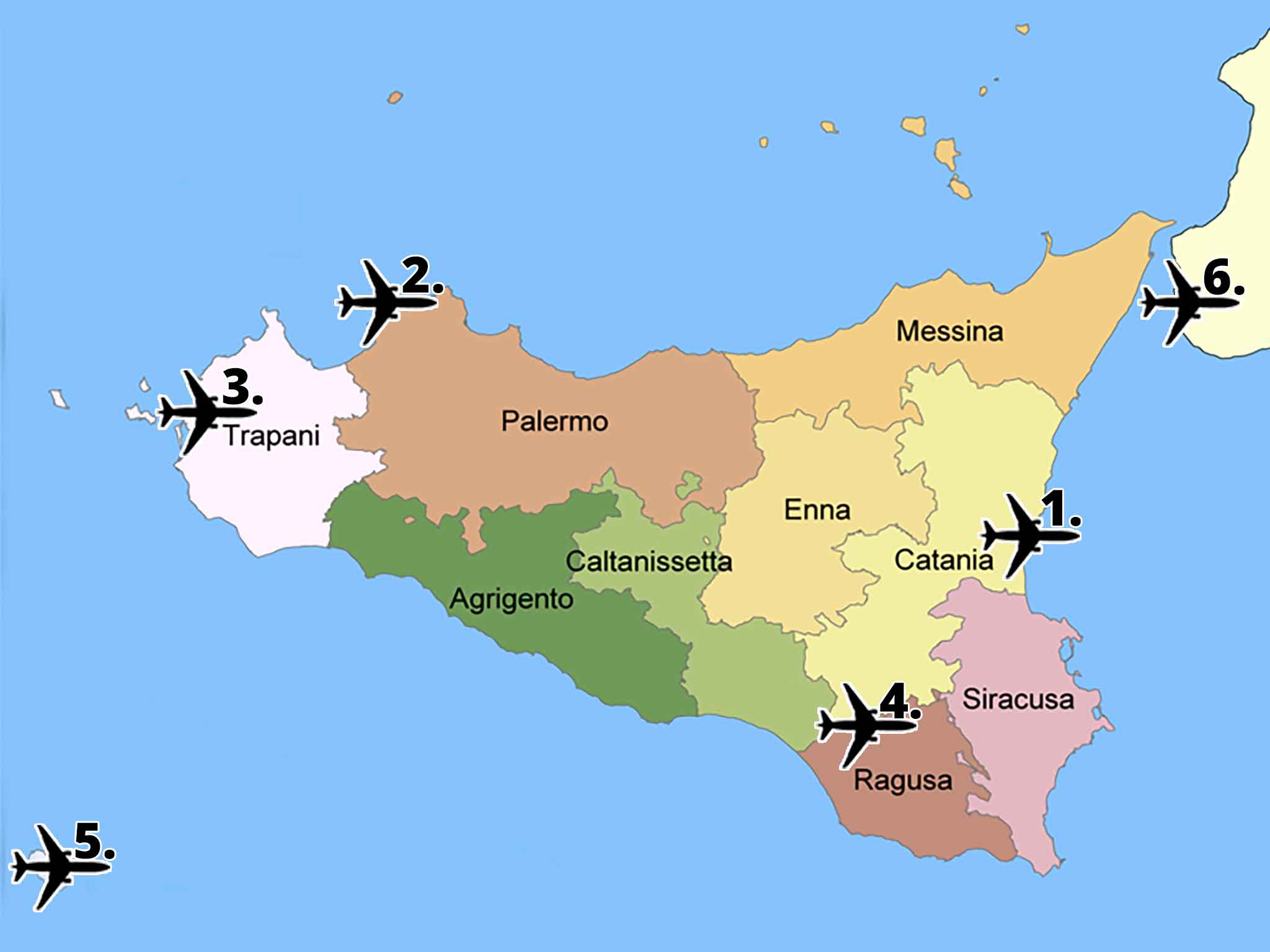 Mappa di tutti gli aeroporti in Sicilia